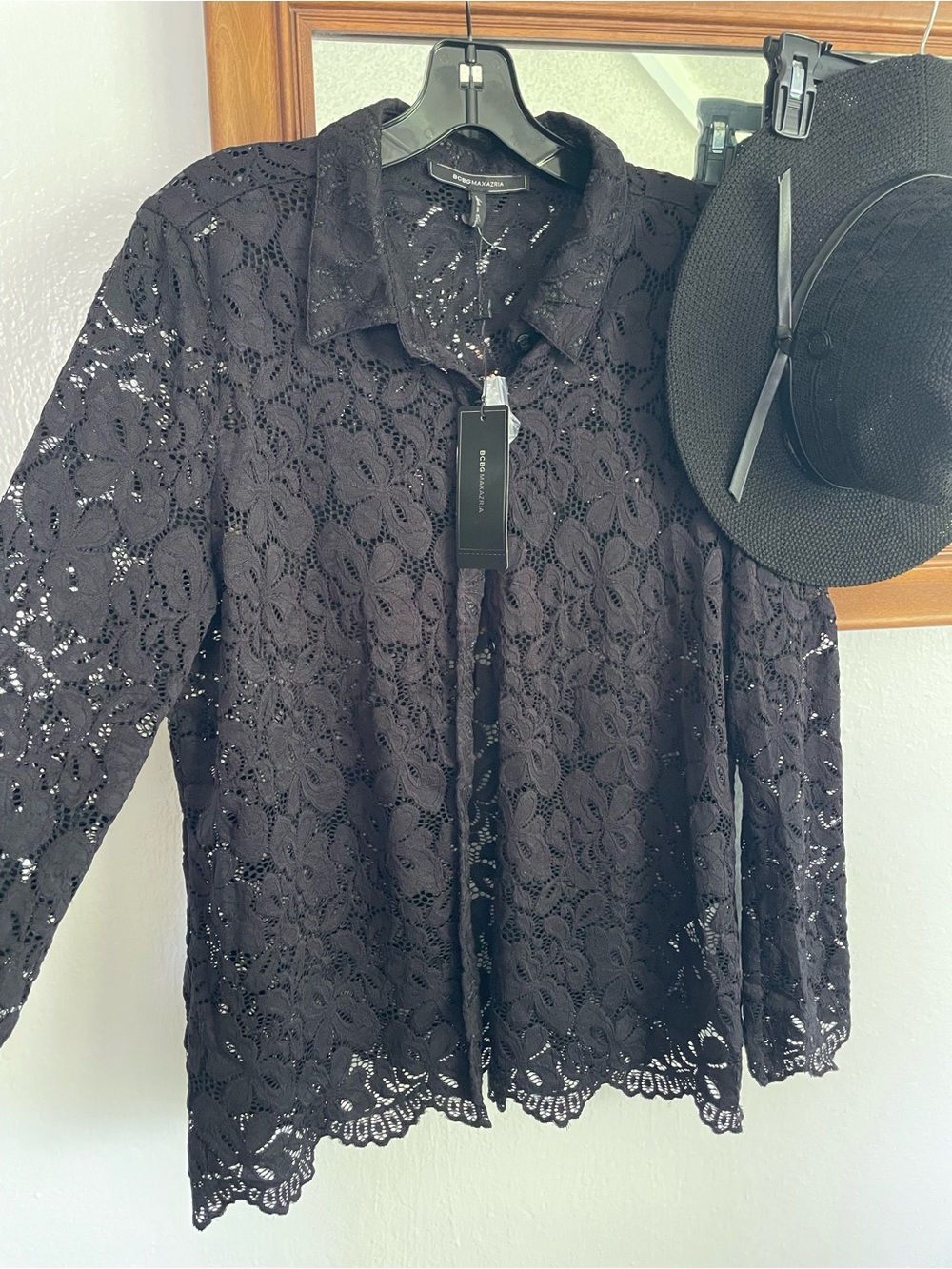 BCBGMaxAzria Black Floral Lace Button-Down Shirt